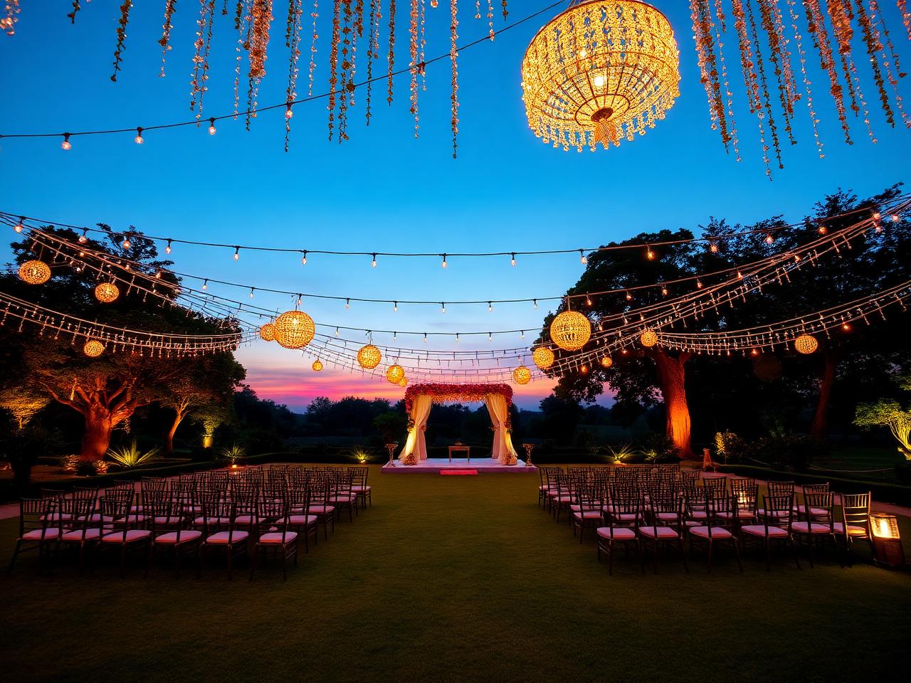 Outdoor lawn event under festoon lights