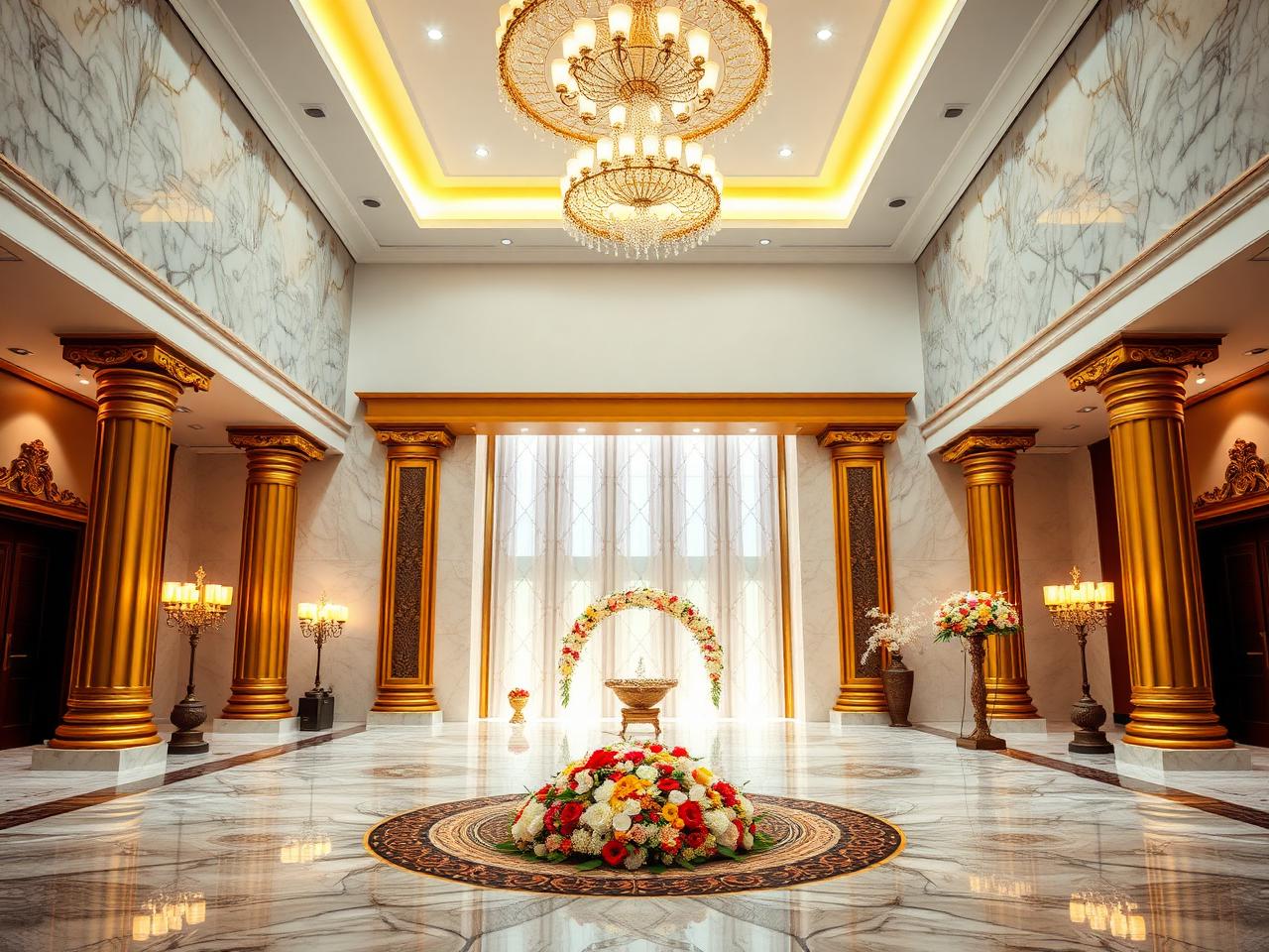 Marble lobby of SVS Conventions with gold pillars