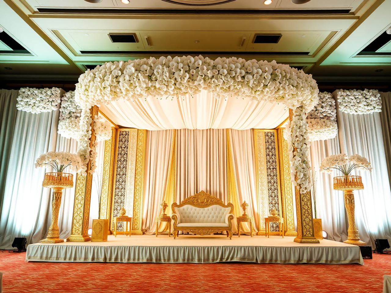 Grand wedding stage with floral mandap